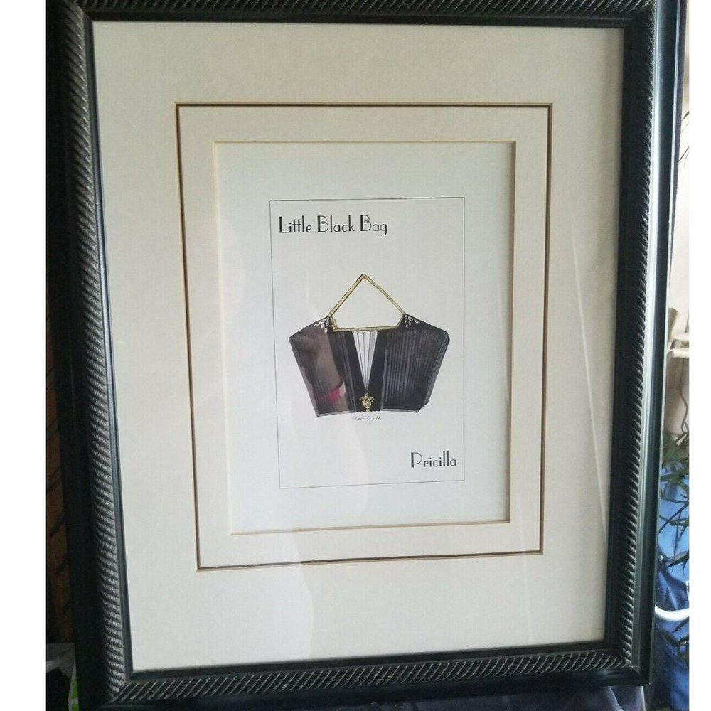 Vtg Kris Taylor Little Black Bag "Priscilla" Art Fashion Framed matted